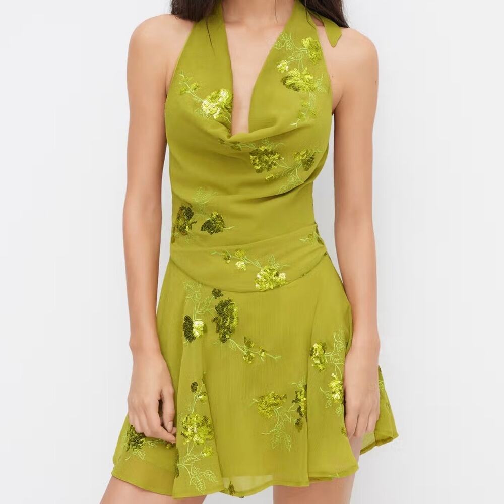 Cider Halter Dress Medium Womens Green Sequin Cowl Neck Mini Floral Party New
